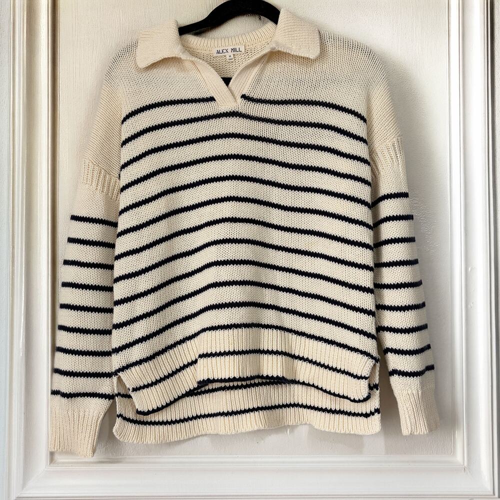 Alex Mill Jacques Cotton Stripe Polo Sweater Cream Black 100% Cotton Size M - Picture 3 of 13